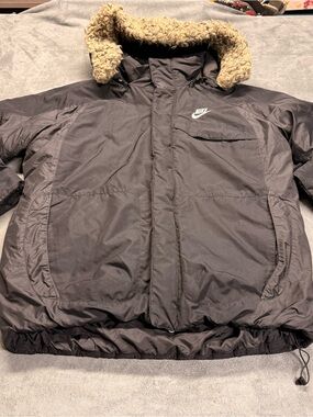 Nike Black Jacket with Tan Faux Fur Hood Trim - removable hood & fur